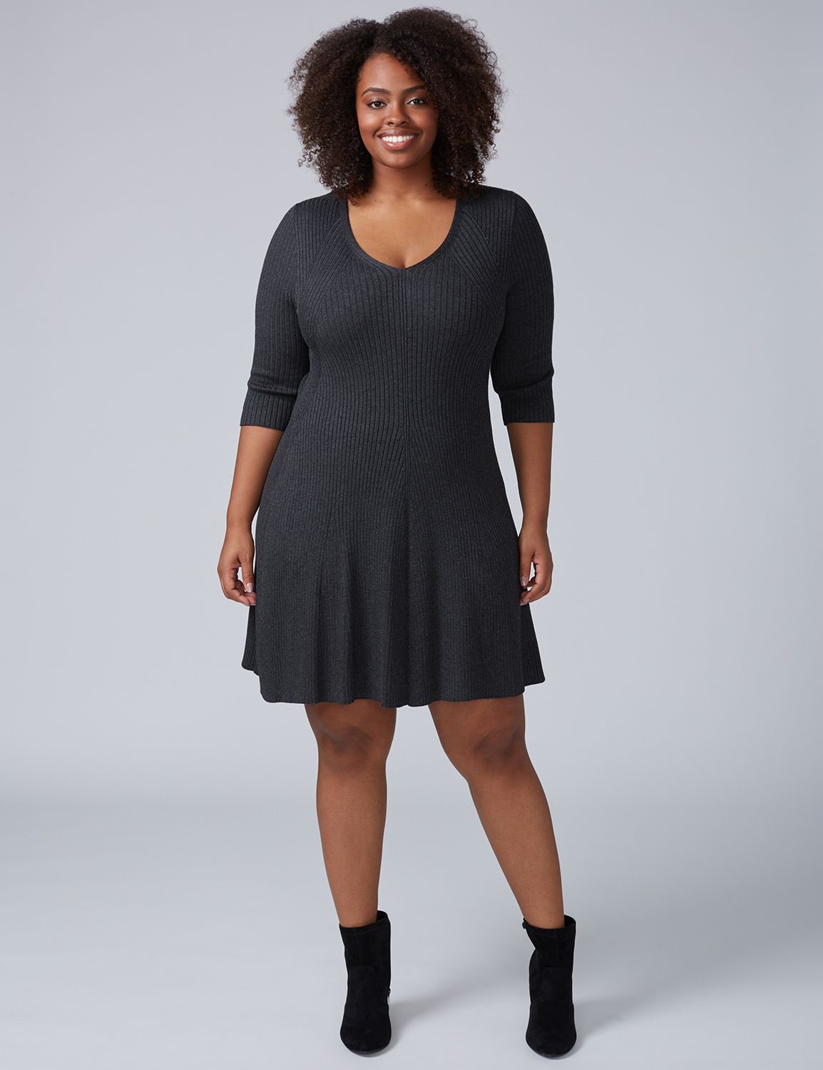 Lane Bryant Women's 3 / 4 - Sleeve Fit & Flare Sweater Dress 22 / 24 Dark Heather Grey