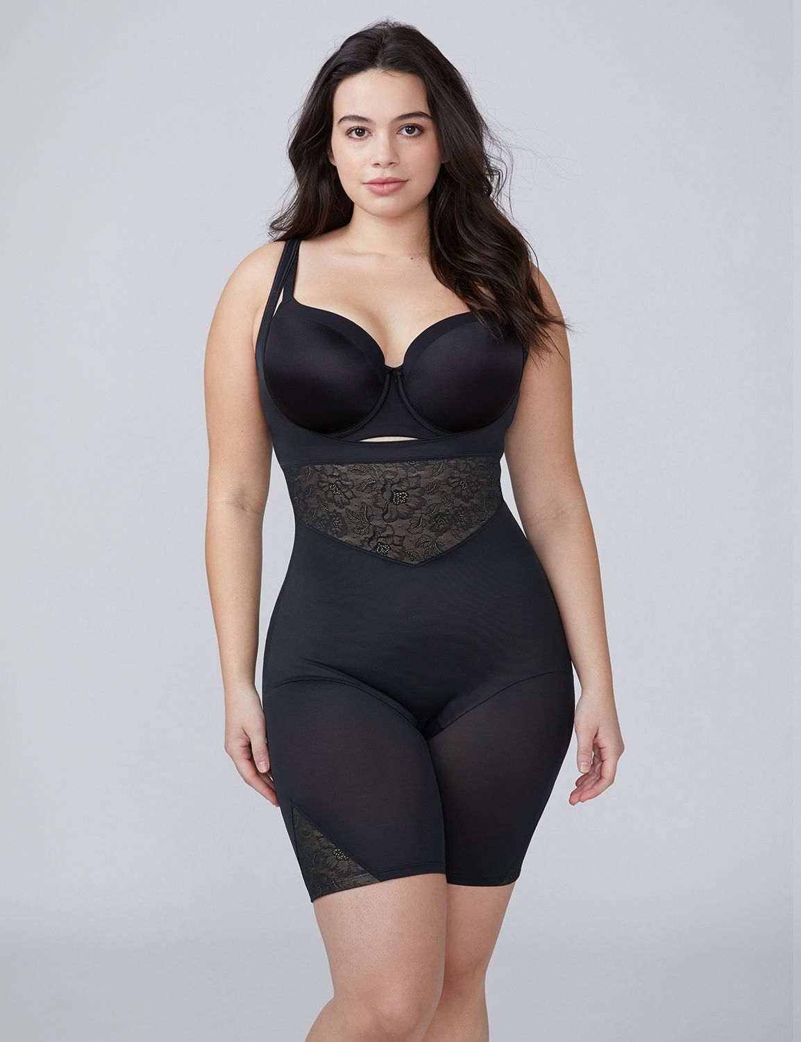 Cacique by Lane Bryant. Open-bust thigh shaper.