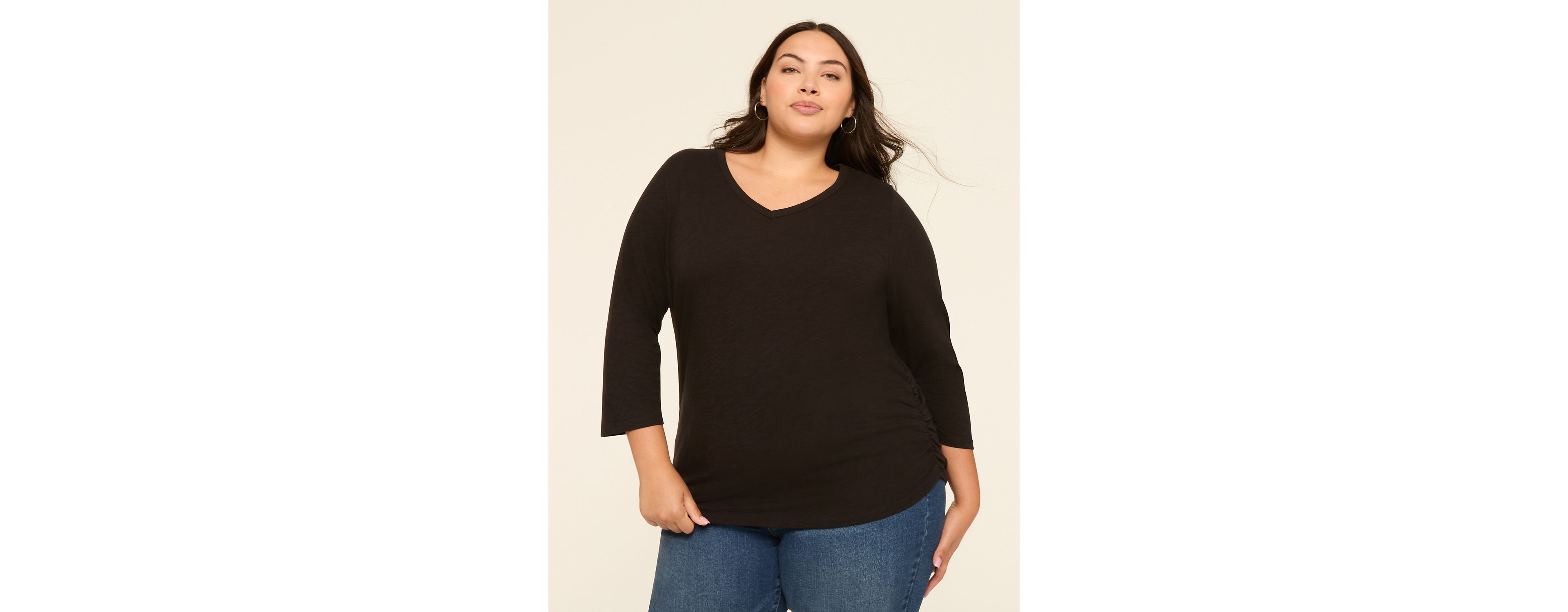 3/4-Sleeve V-Neck Side-Ruched Top