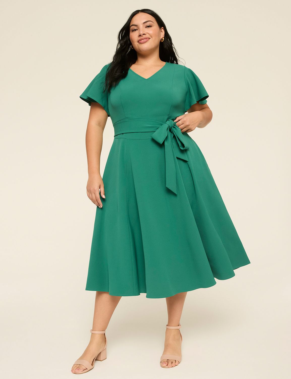 Lena V-Neck Level-Hem Midi Dress