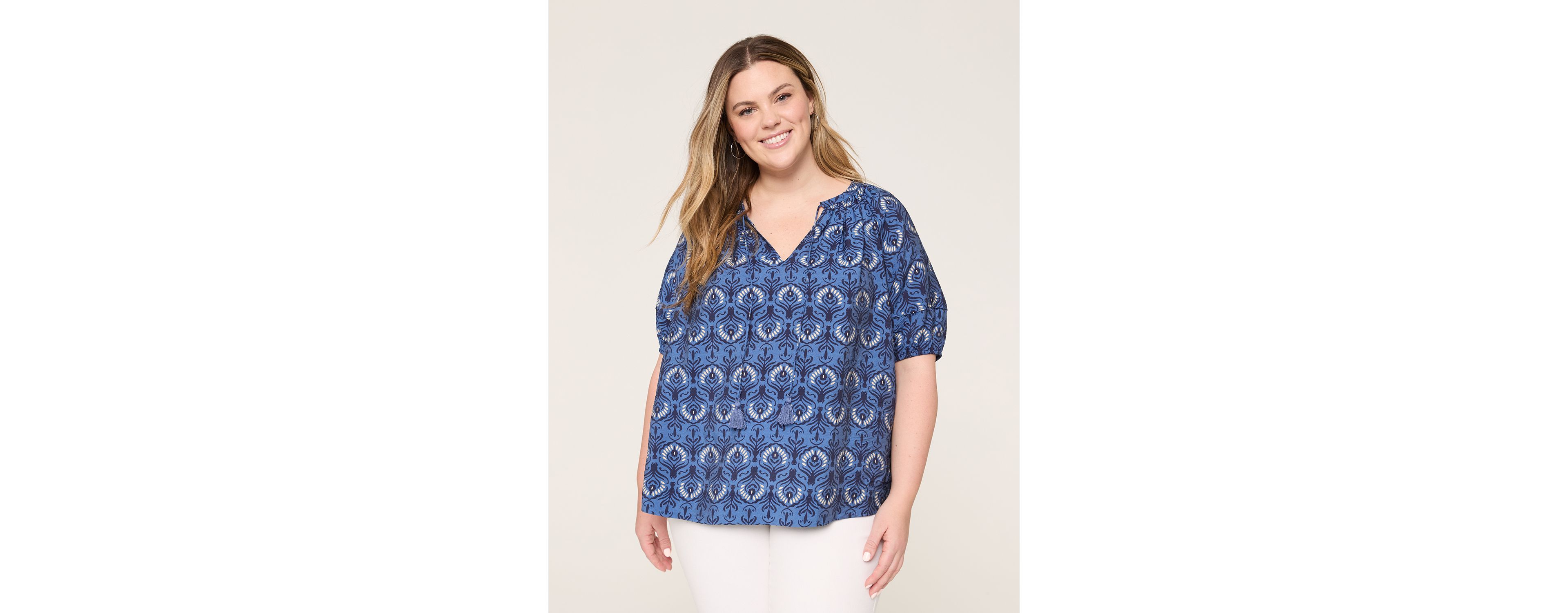 Swing Pintuck-Sleeve Notch-Neck Top