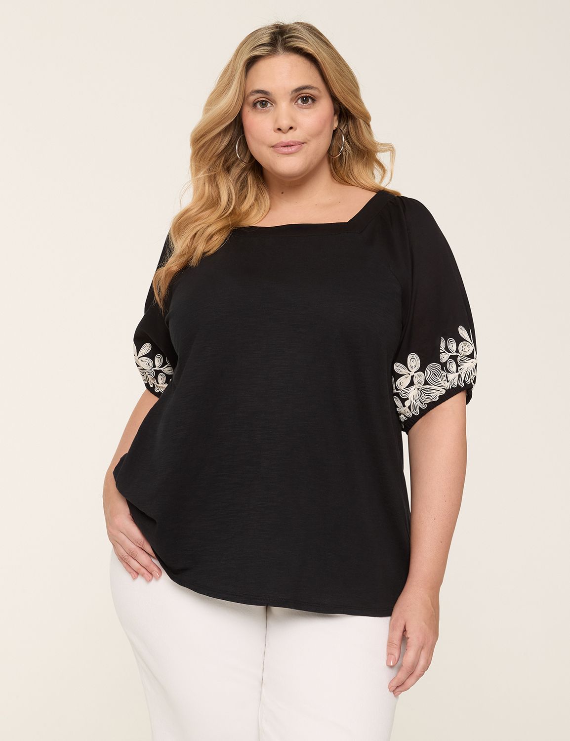 Embroidered Puff-Sleeve Square-Neck Top