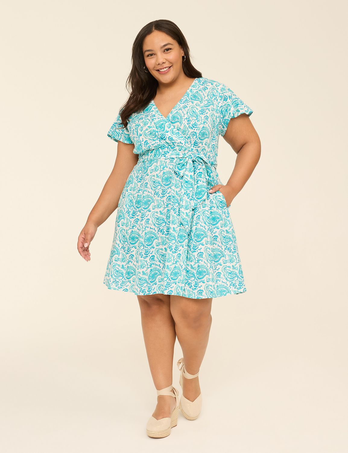 Lena Surplice-Neck Flutter-Sleeve Dress
