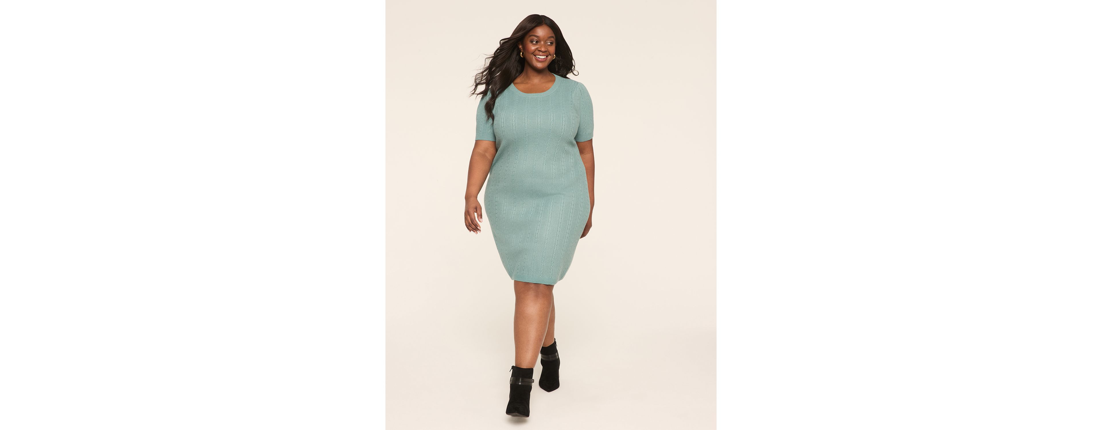 Puff-Sleeve Cable Knit Sweater Dress