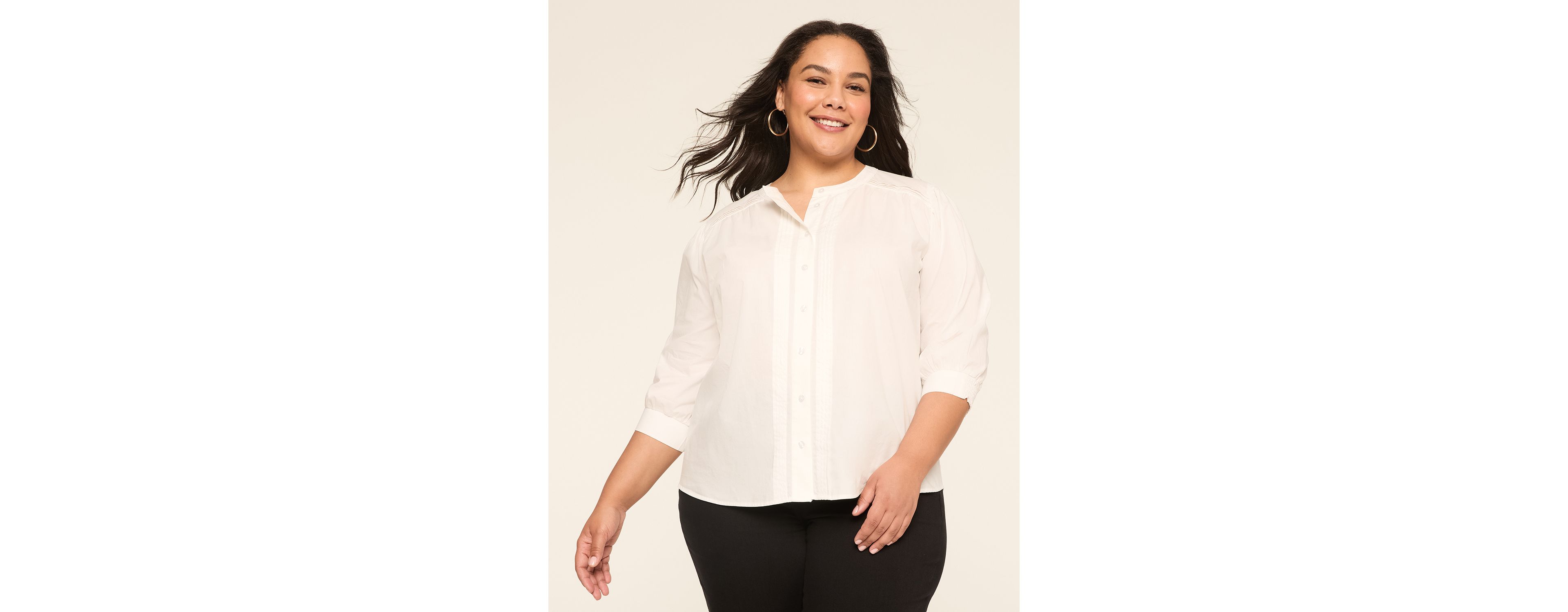 3/4-Sleeve Pintuck Button-Down Blouse