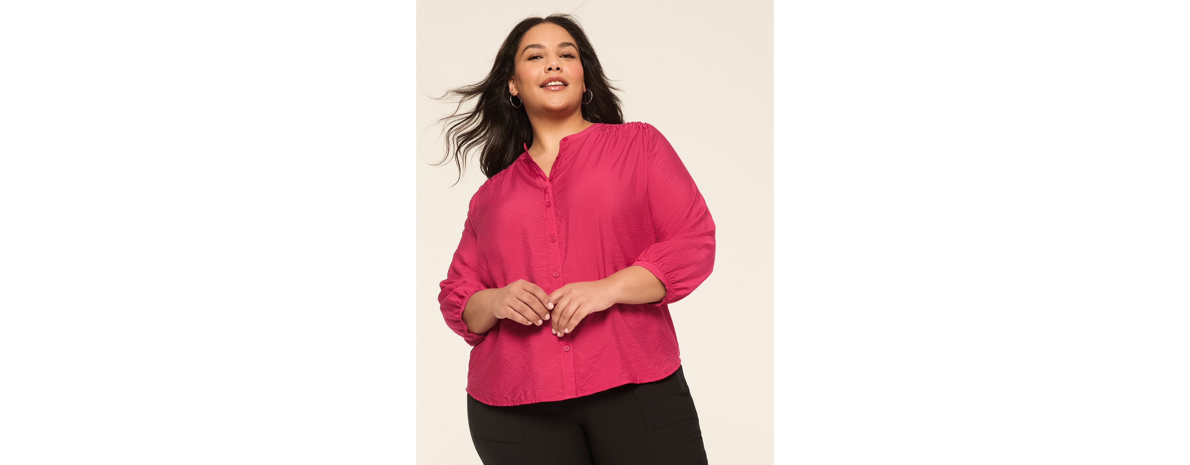 3/4-Sleeve Crew-Neck Button-Front Top