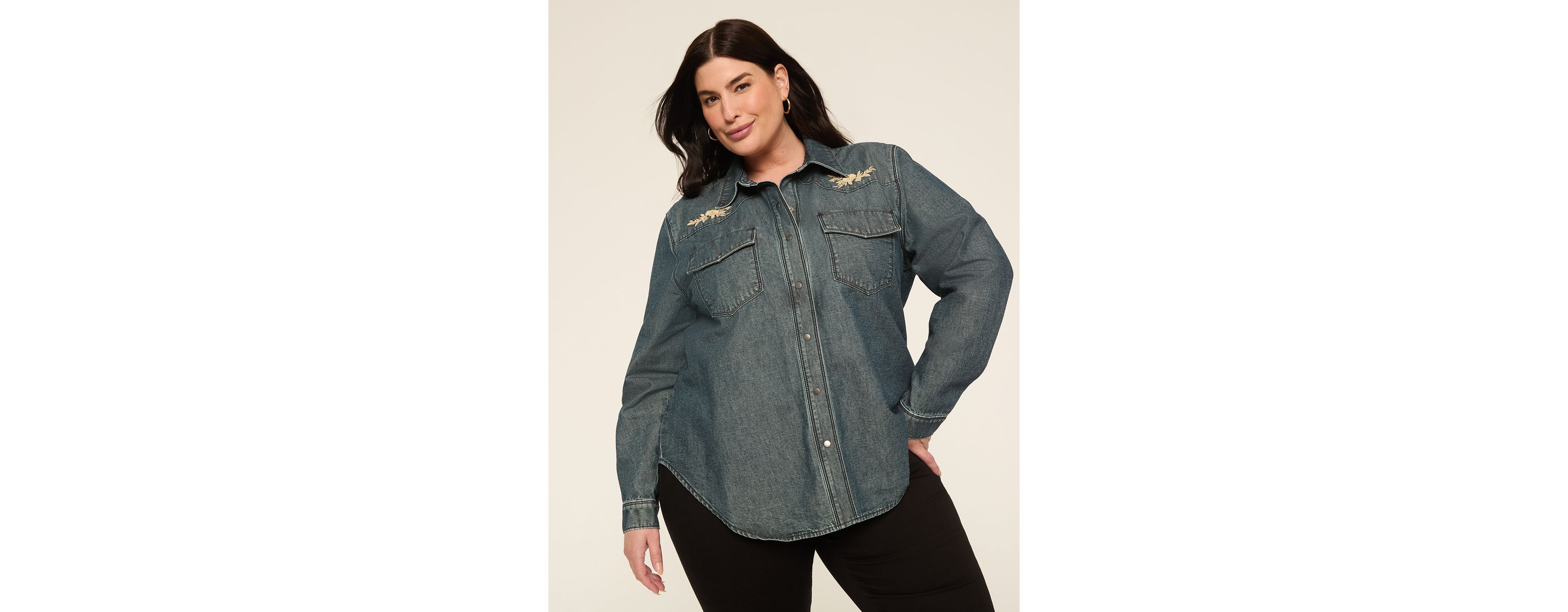 Denim Applique Button-Down Blouse