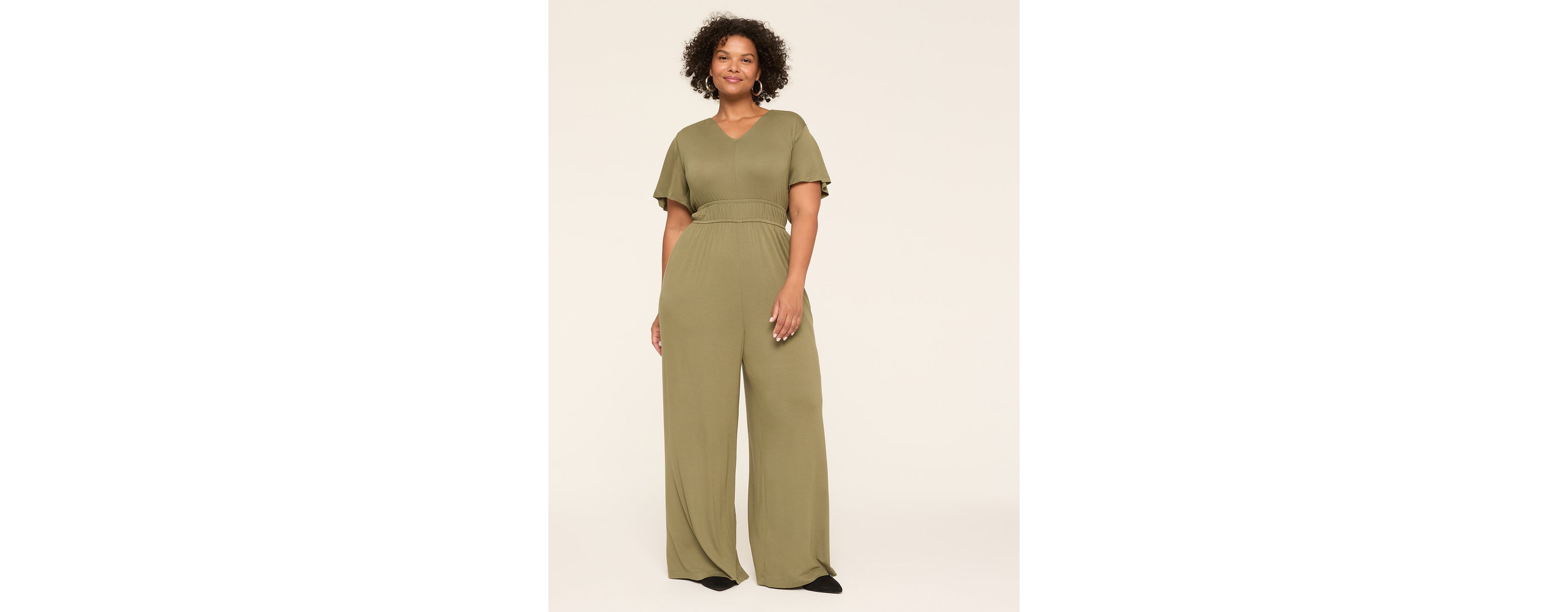 Flutter-Sleeve Smocked-Waist Jumpsuit