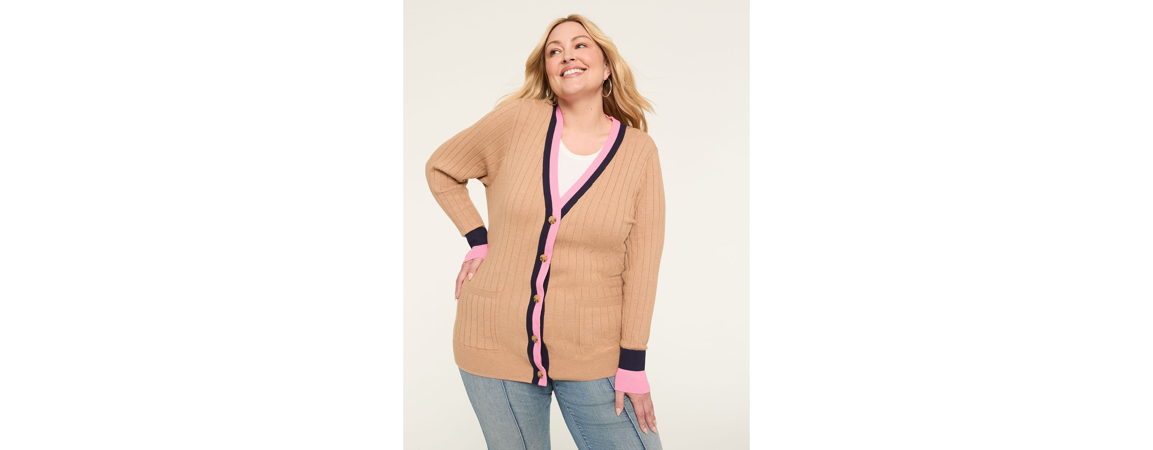 Long-Sleeve Button-Front Stripe-Trim Cardigan