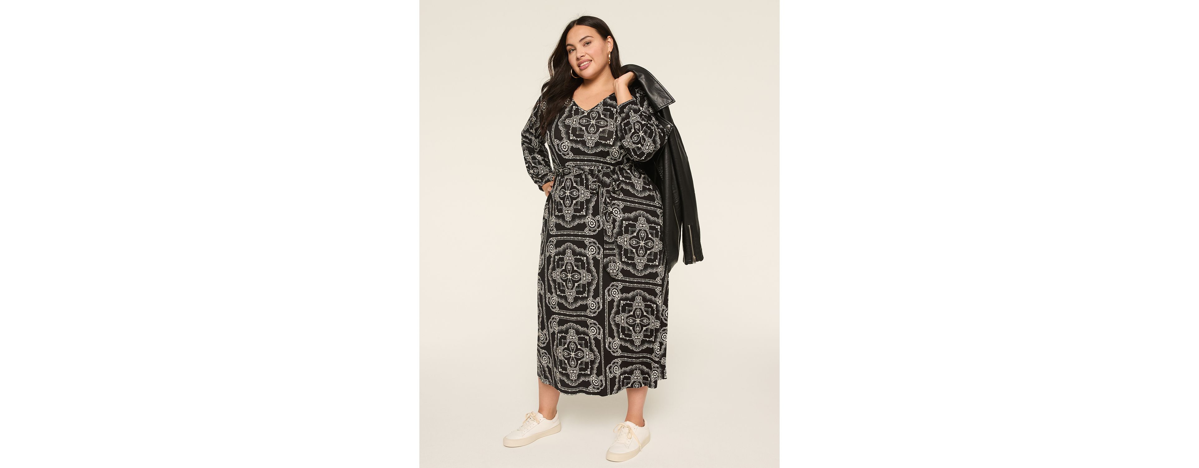 3/4-Sleeve Tie-Waist Midi Dress