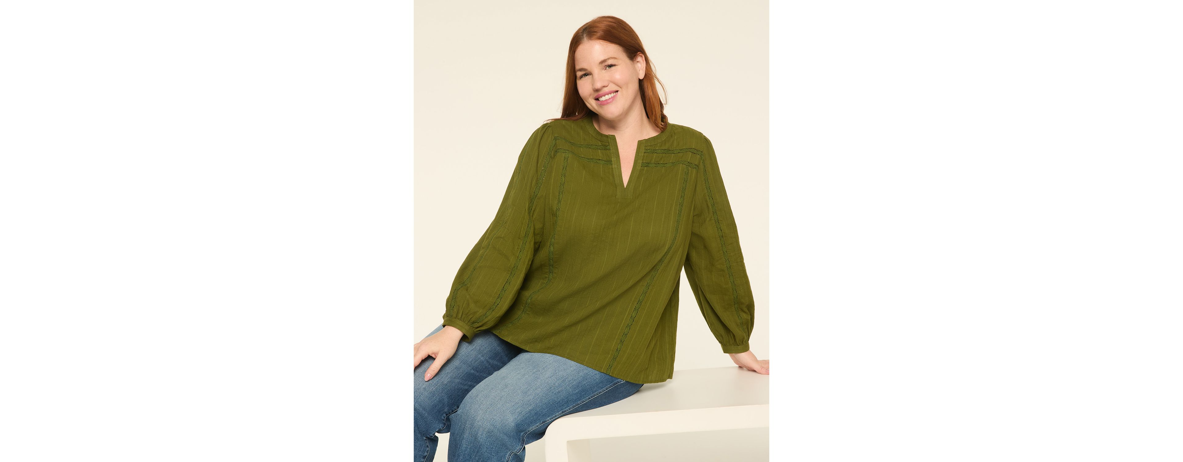 Trim-Detail Split-Neck Popover Blouse