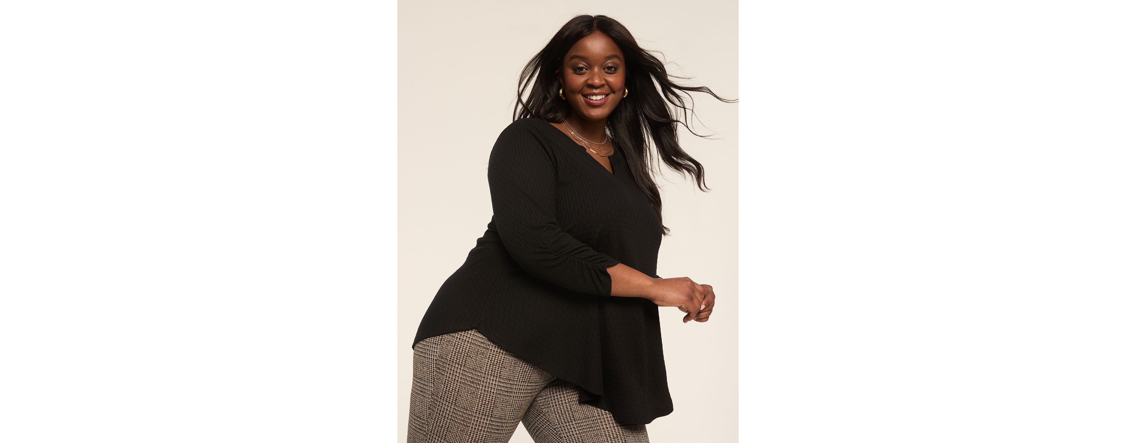 Swing Ruched 3/4-Sleeve Notch-Neck Top
