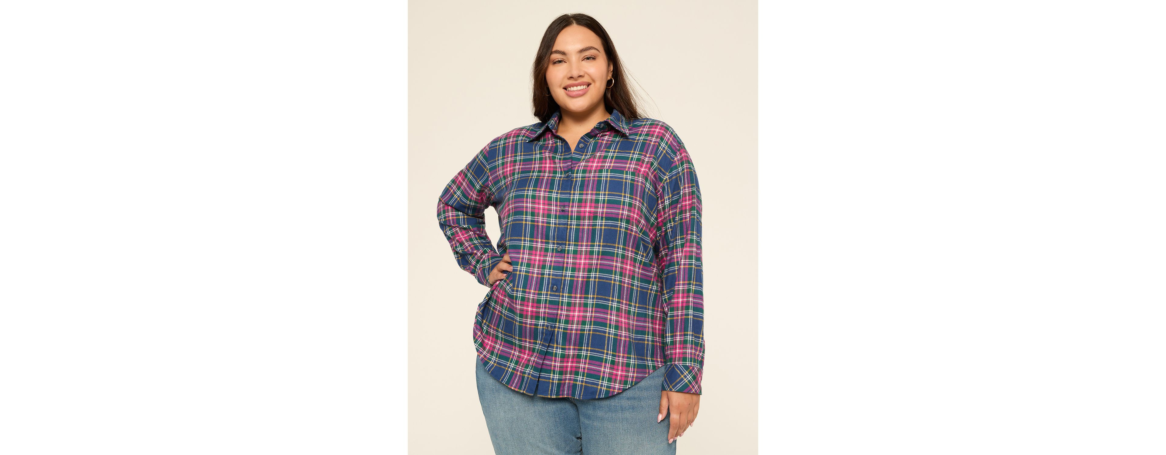 Metallic-Shimmer Button-Down Plaid Top