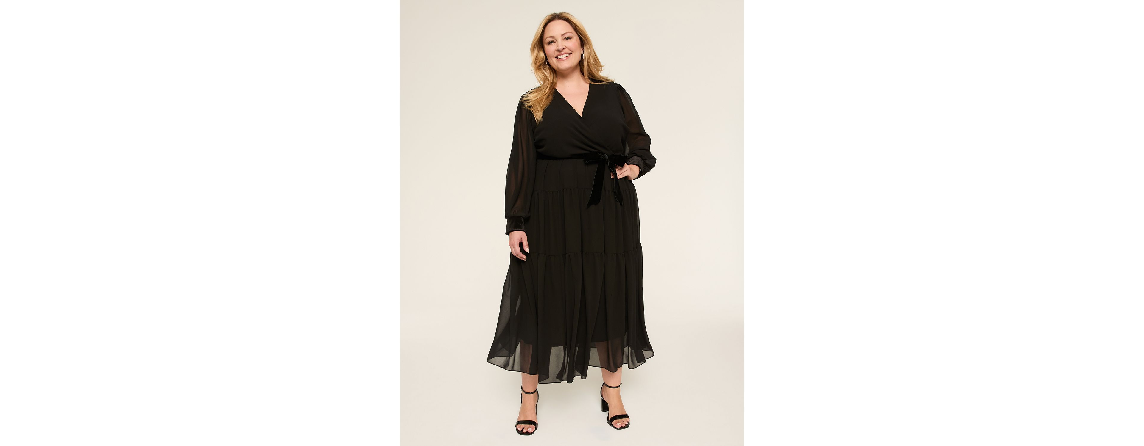 Velvet-Trim Faux-Wrap Maxi Dress