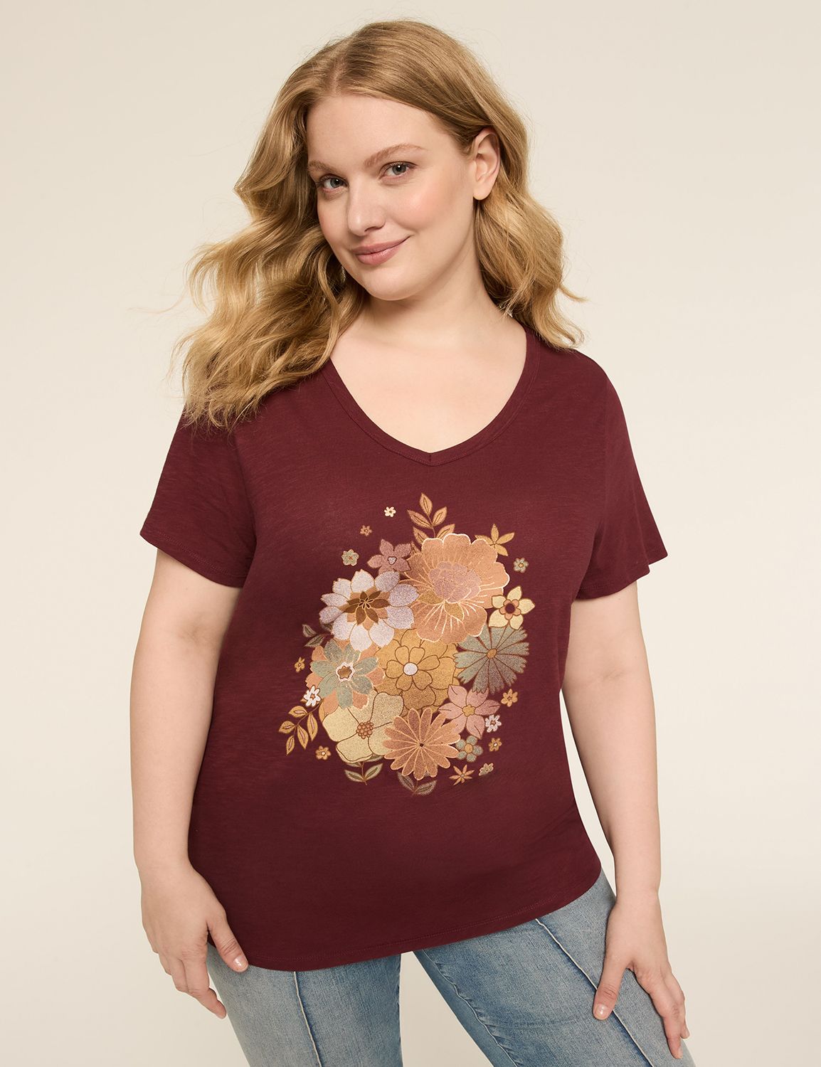 Short-Sleeve Side-Ruched Foiled Floral Graphic Tee