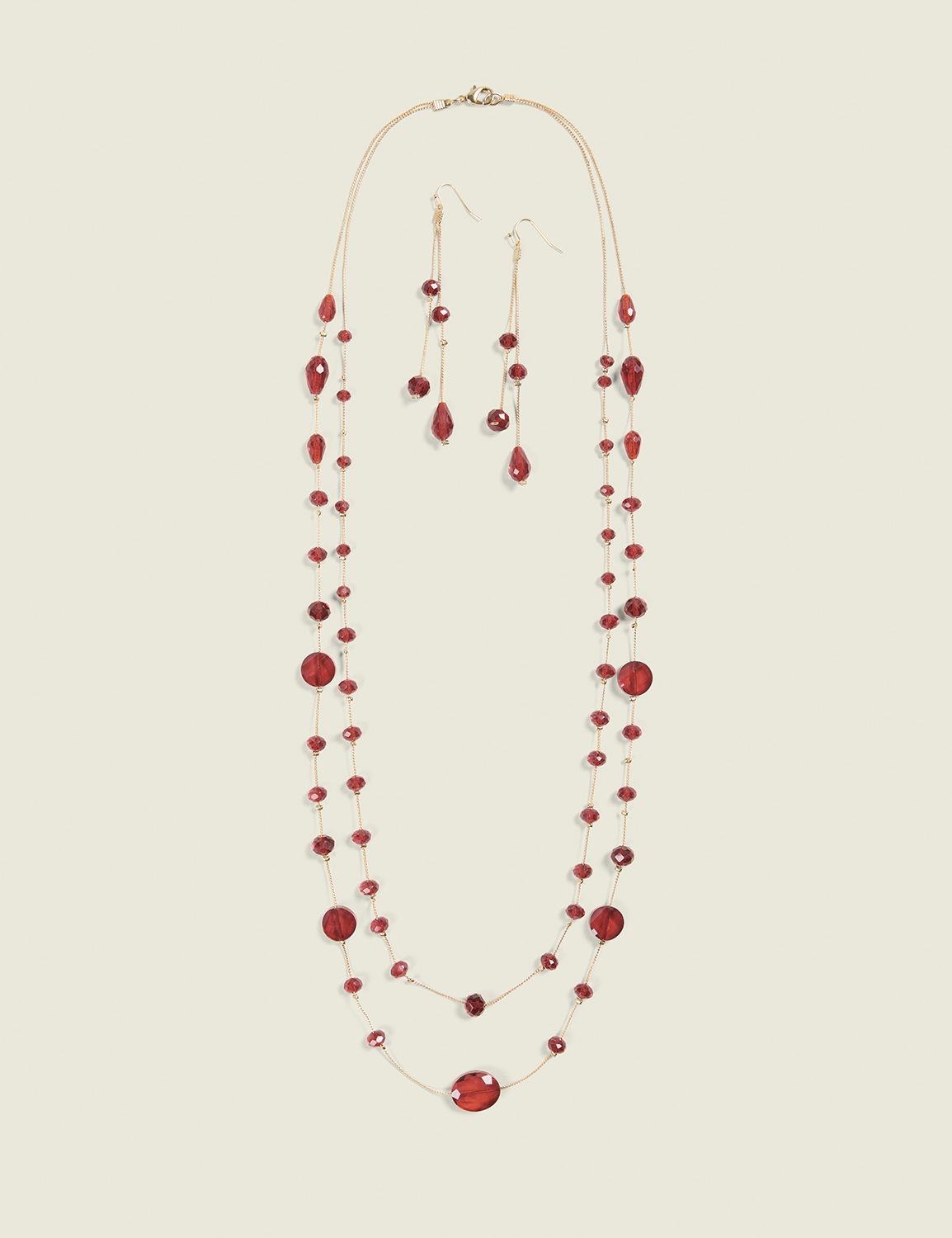 Long Red Beaded Necklace & Earring