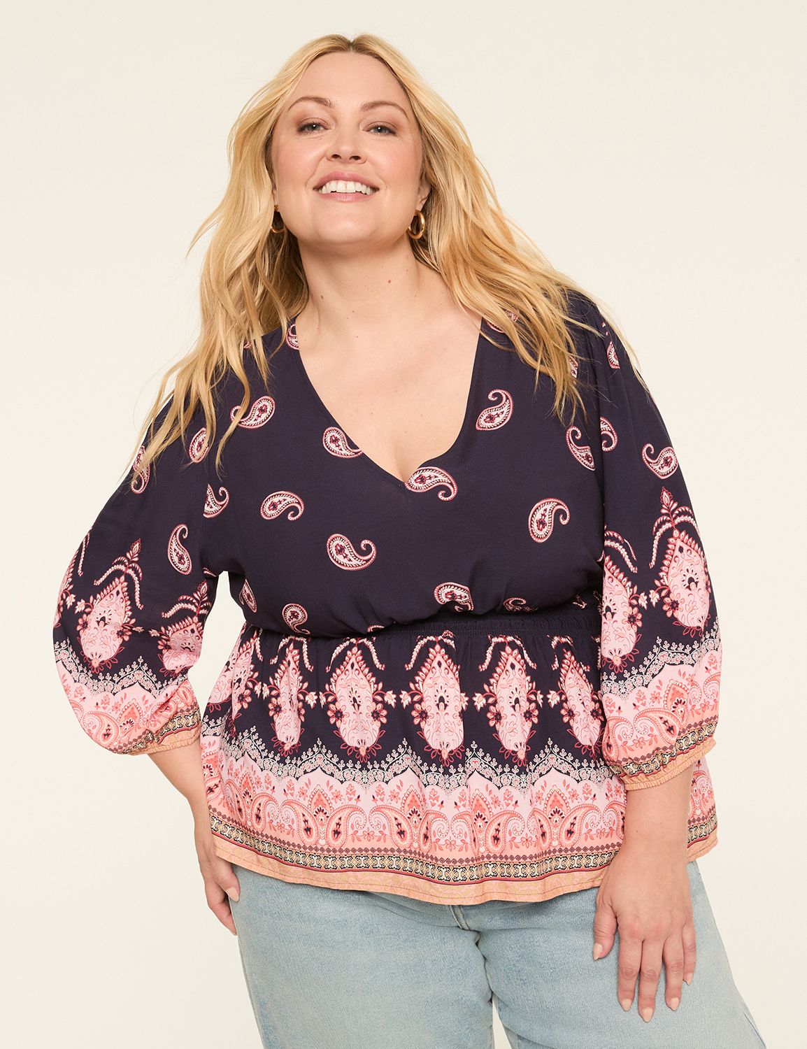 3/4-Sleeve V-Neck Peplum Blouse