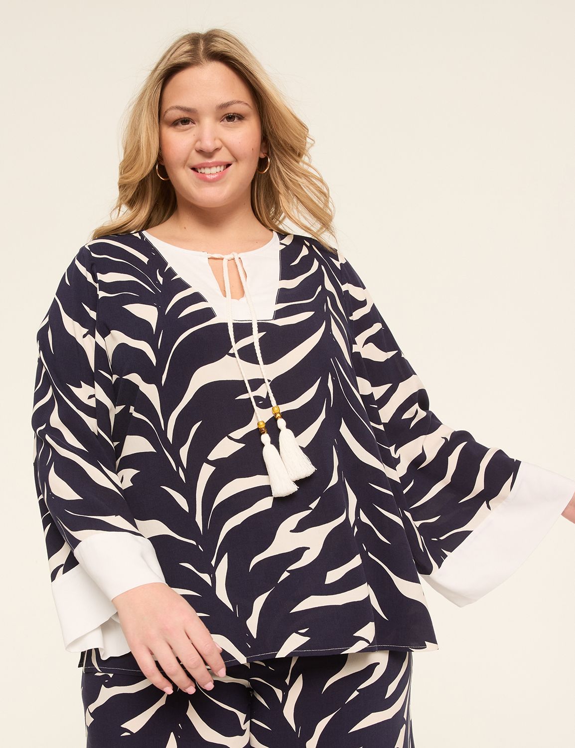 Long-Sleeve Tie-Neck Tunic Top