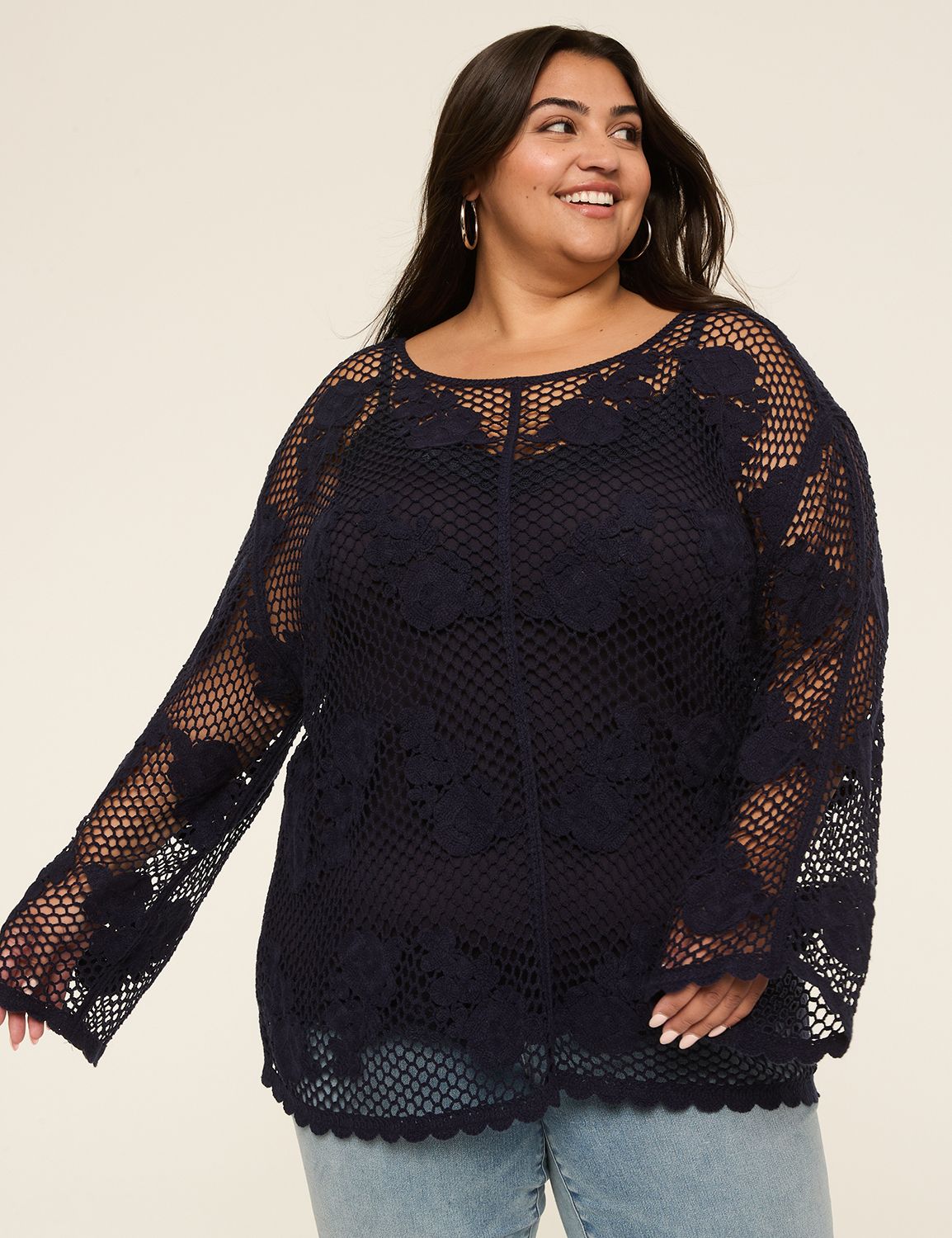 Long-Sleeve Crochet Popover Top