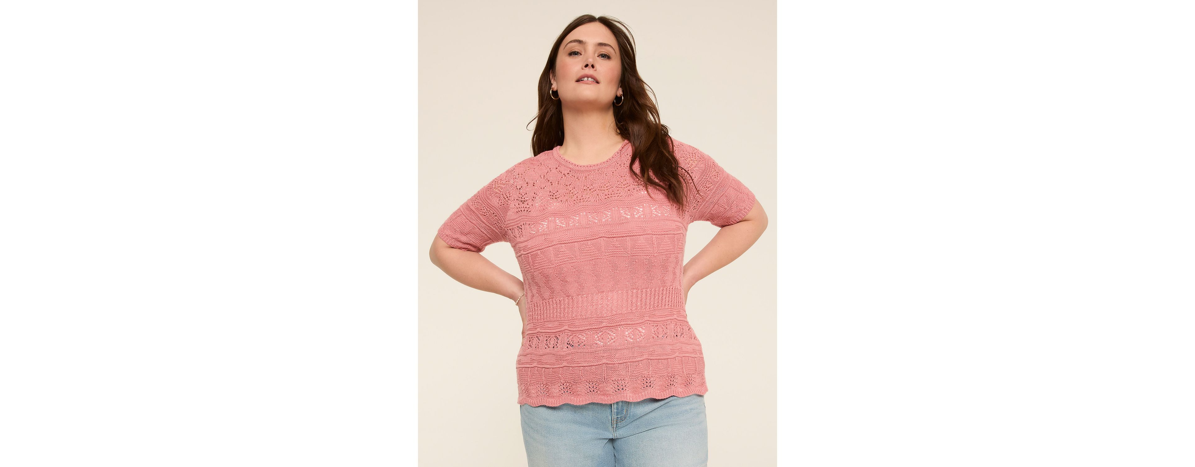Short-Sleeve Pointelle Pullover Sweater