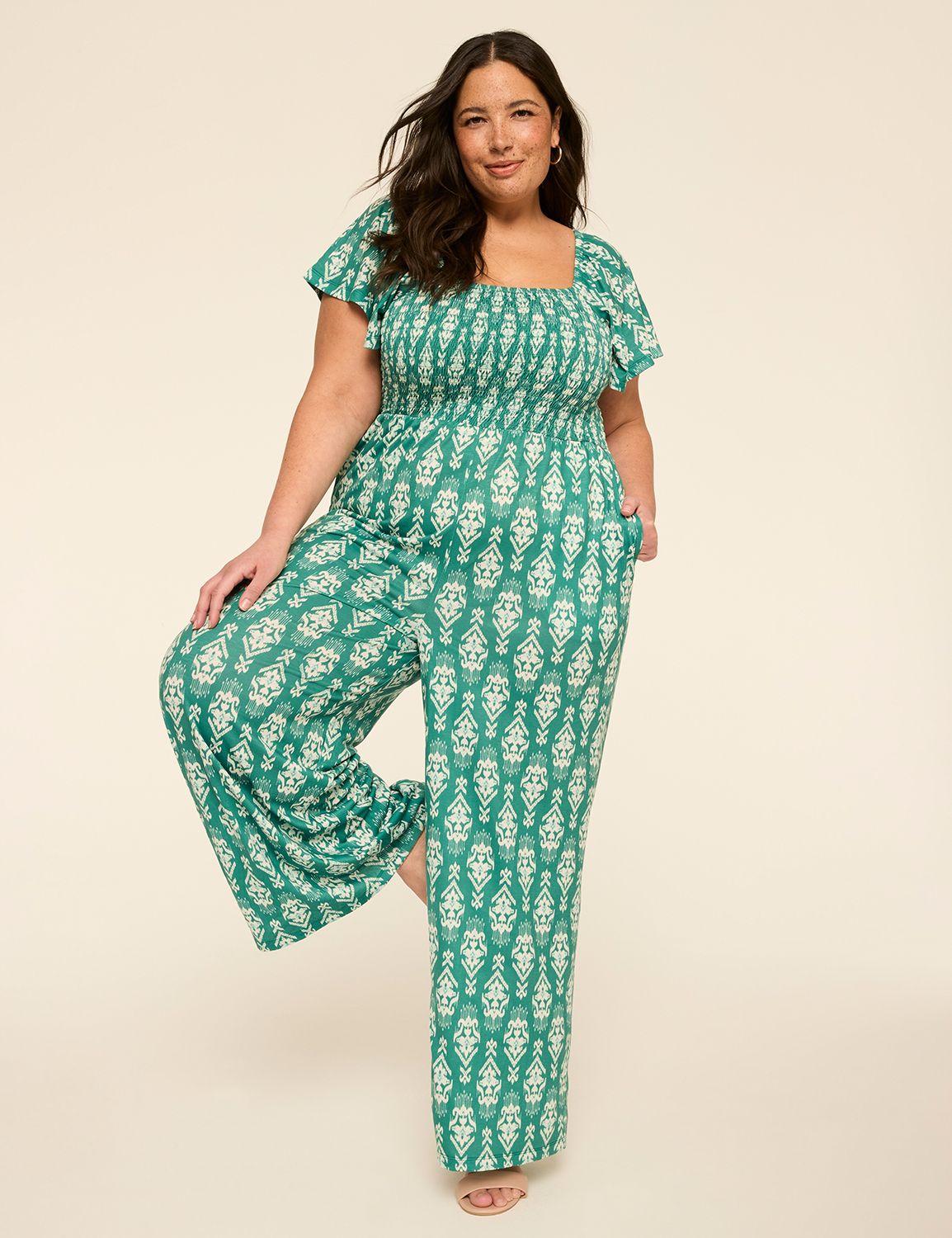 Short-Sleeve Smocked Jumpsuit