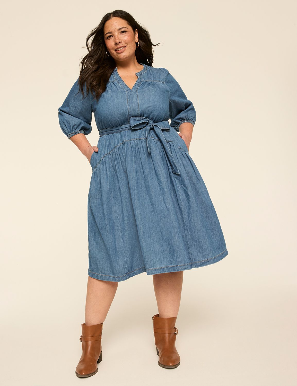 Split-Neck Tie-Waist Denim Dress