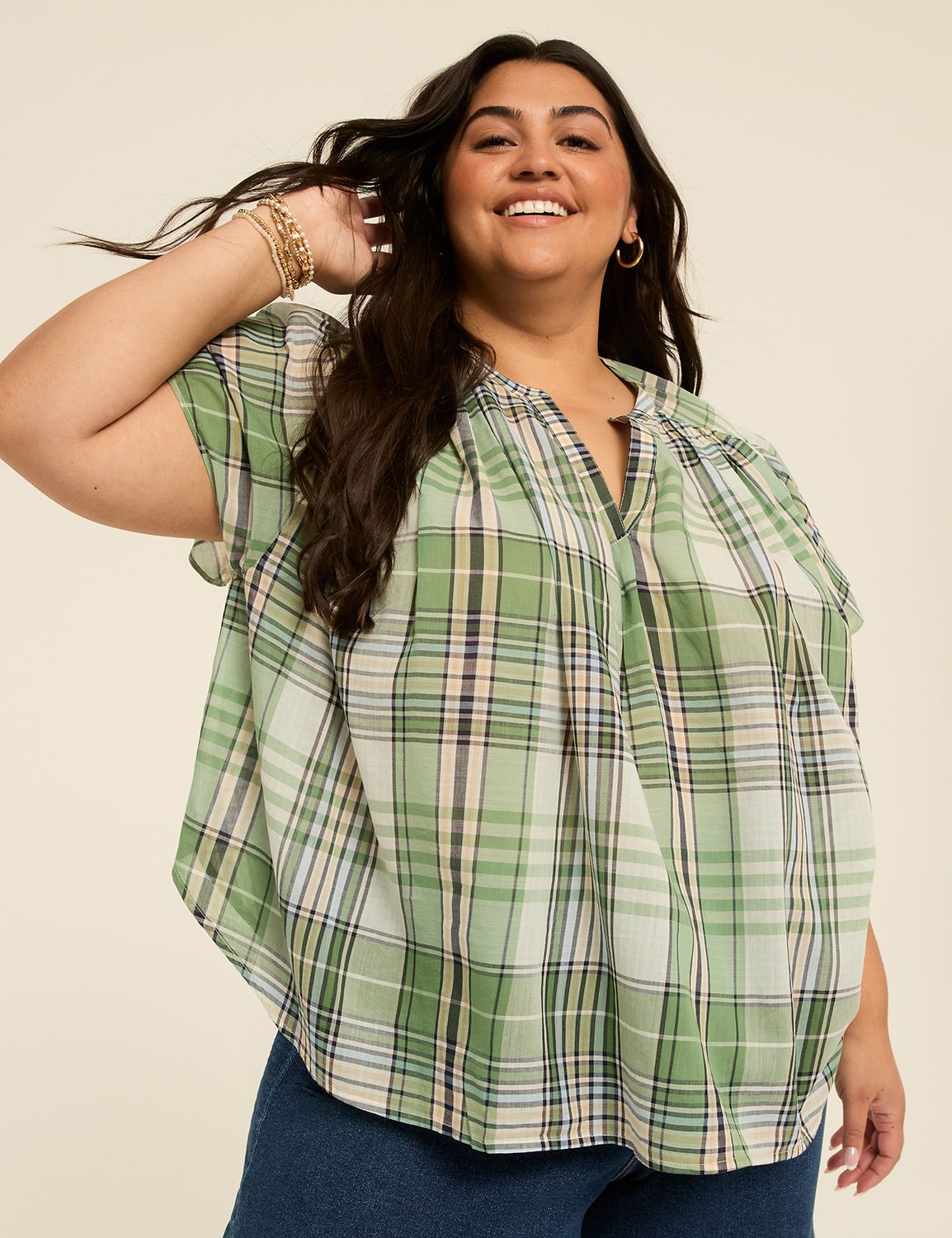 Notch-Neck Flutter-Sleeve Popover Top