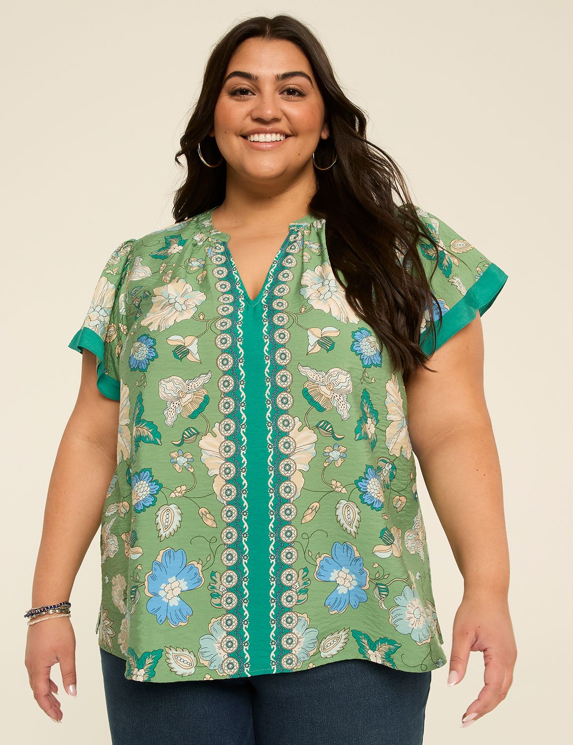 Short-Sleeve Ruffle Neck Popover Top