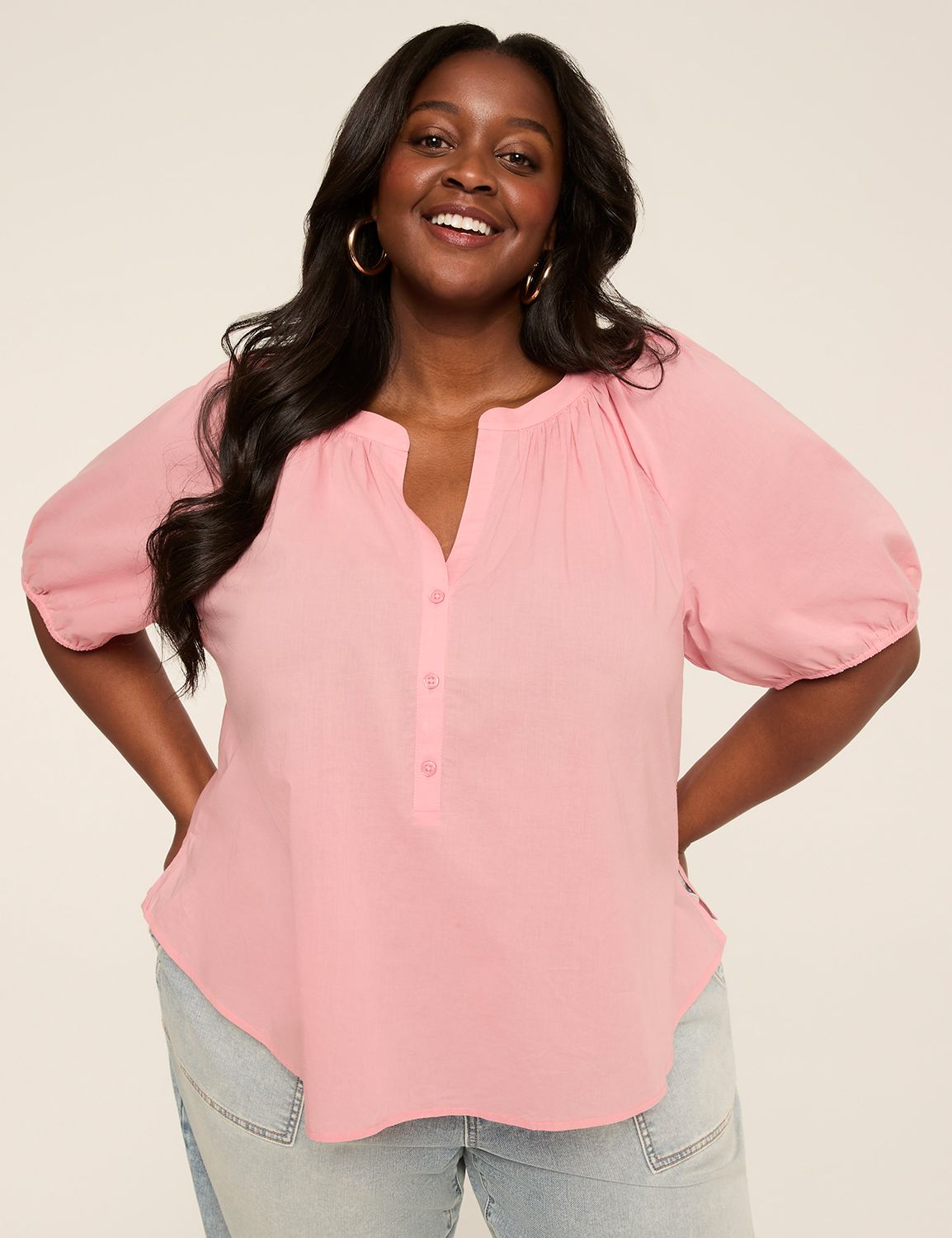 Puff Short-Sleeve Split-Neck Top