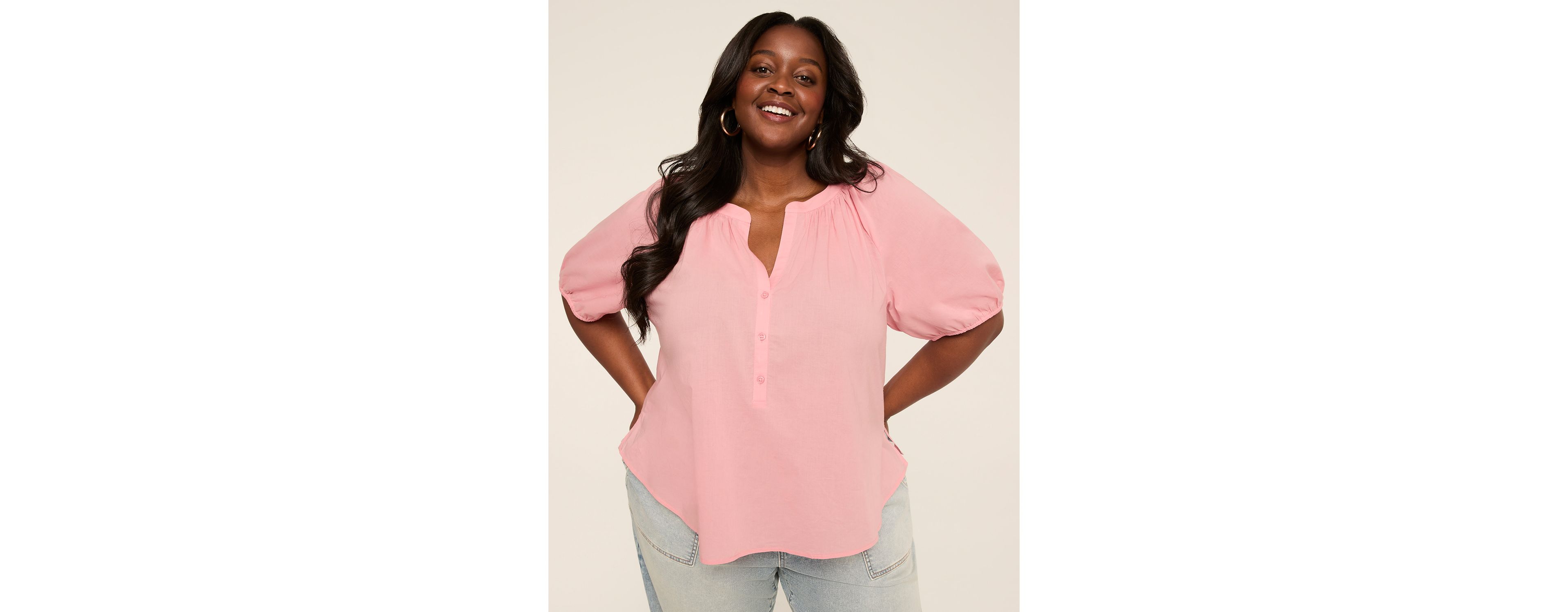 Puff Short-Sleeve Split-Neck Top