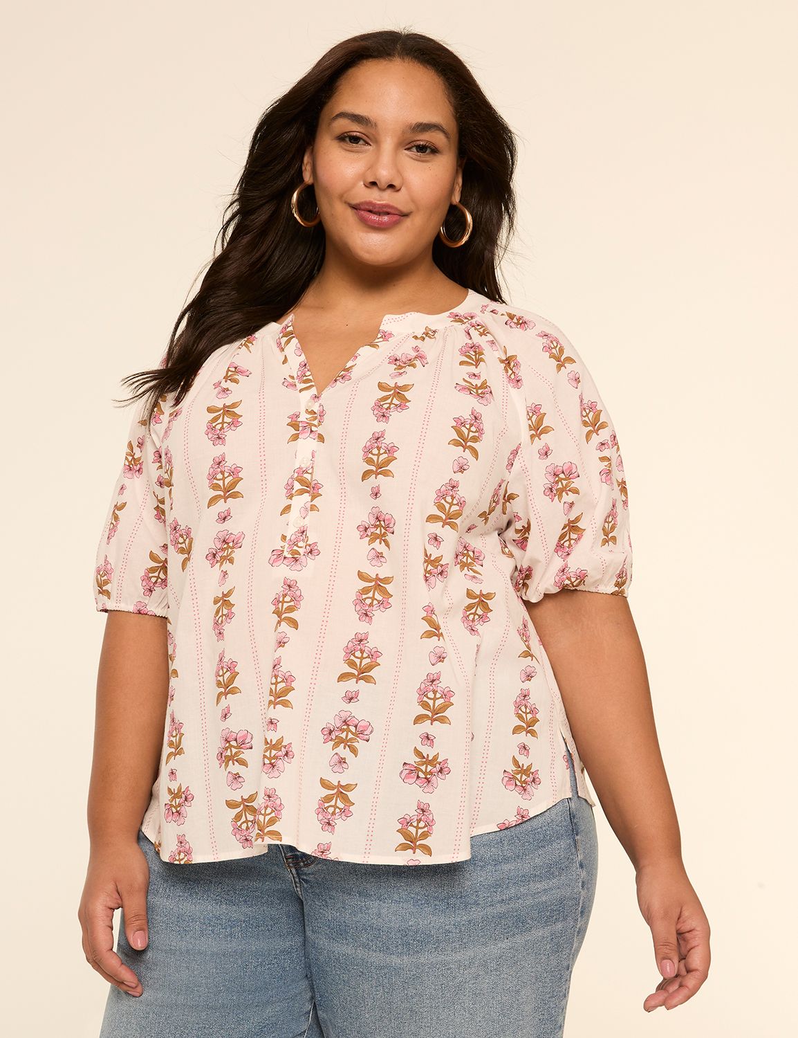 Puff Short-Sleeve Split-Neck Top