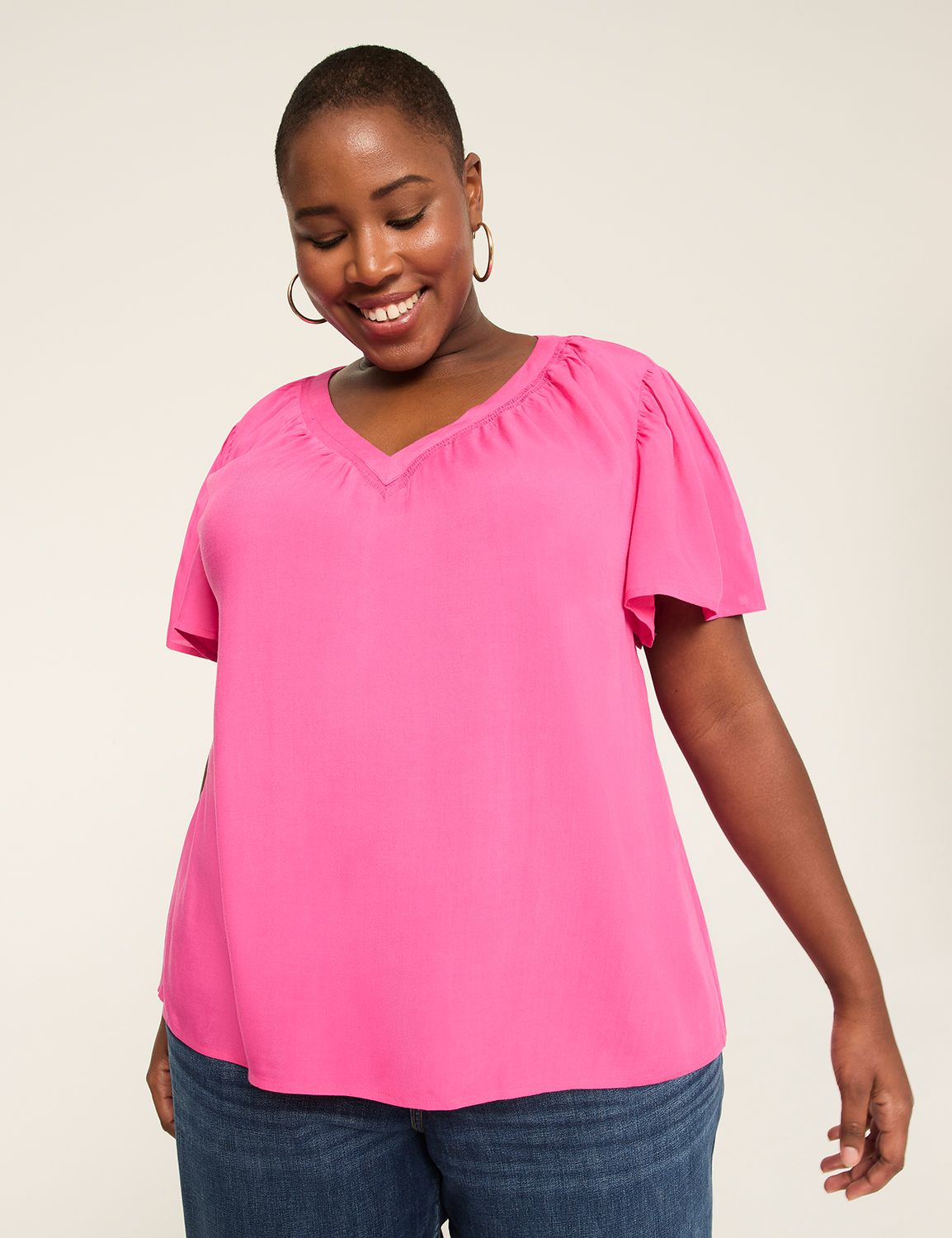 Short-Flutter-Sleeve V-Neck Popover Top