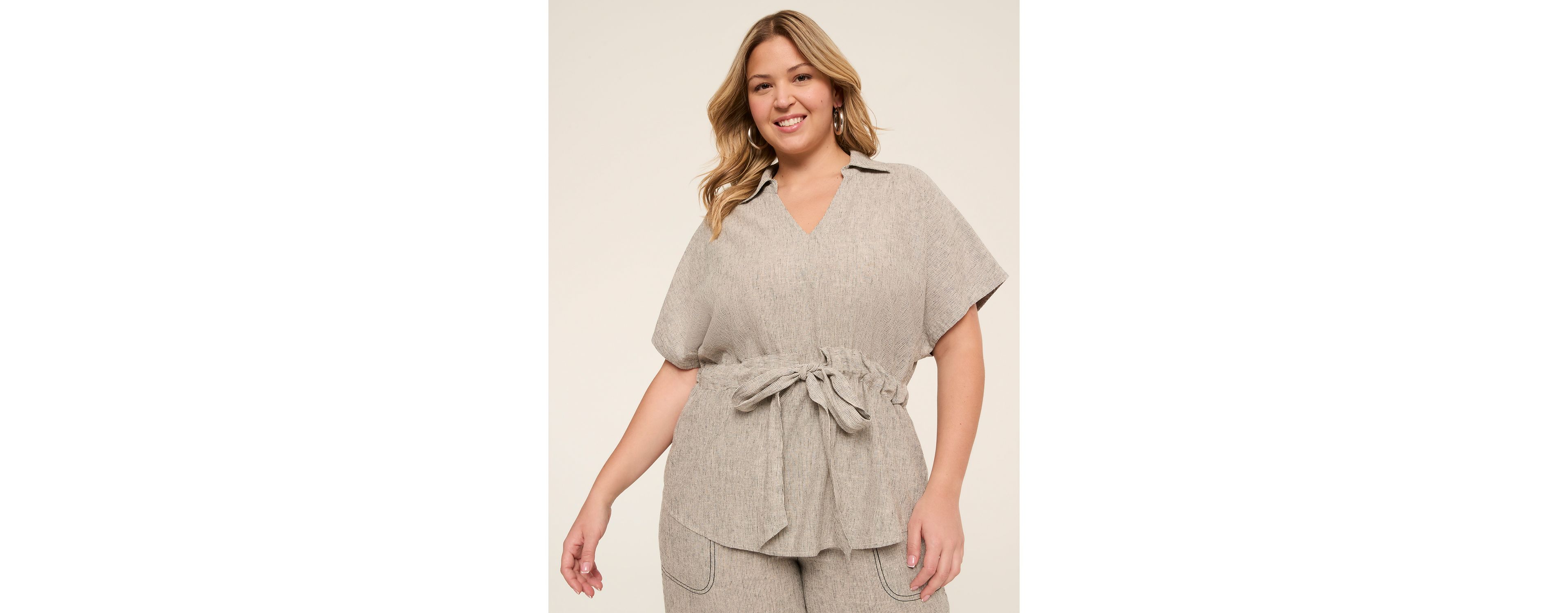 V-Neck Popover Shirt With Belted Waist