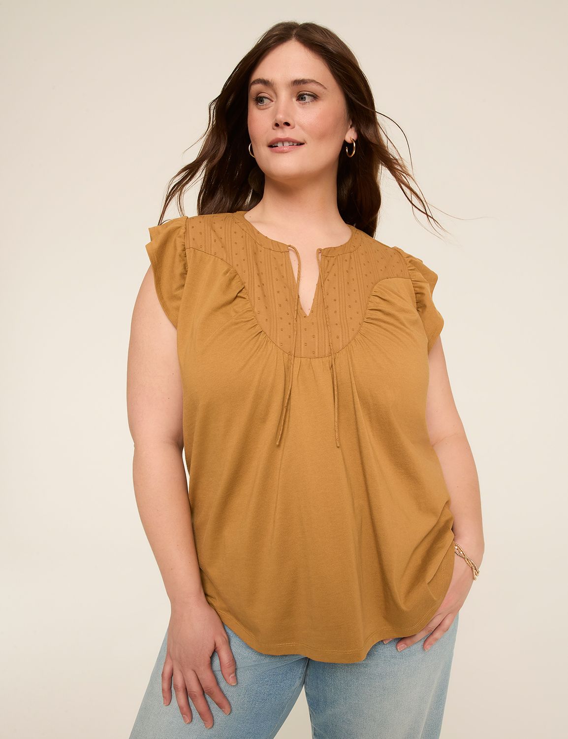 Flutter-Sleeve Woven Yoke Top