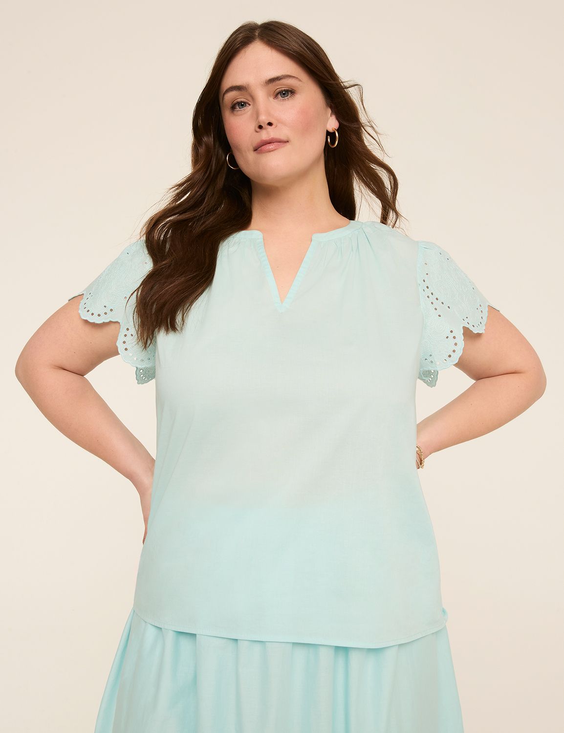 Short-Sleeve Notch-Neck Eyelet Top
