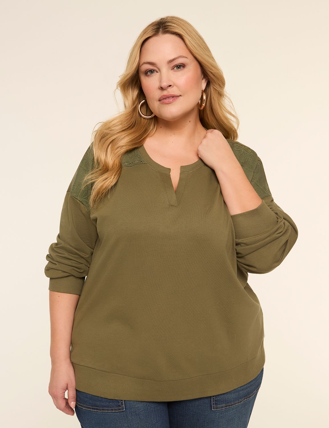 Long-Sleeve Notch-Neck Sweatshirt