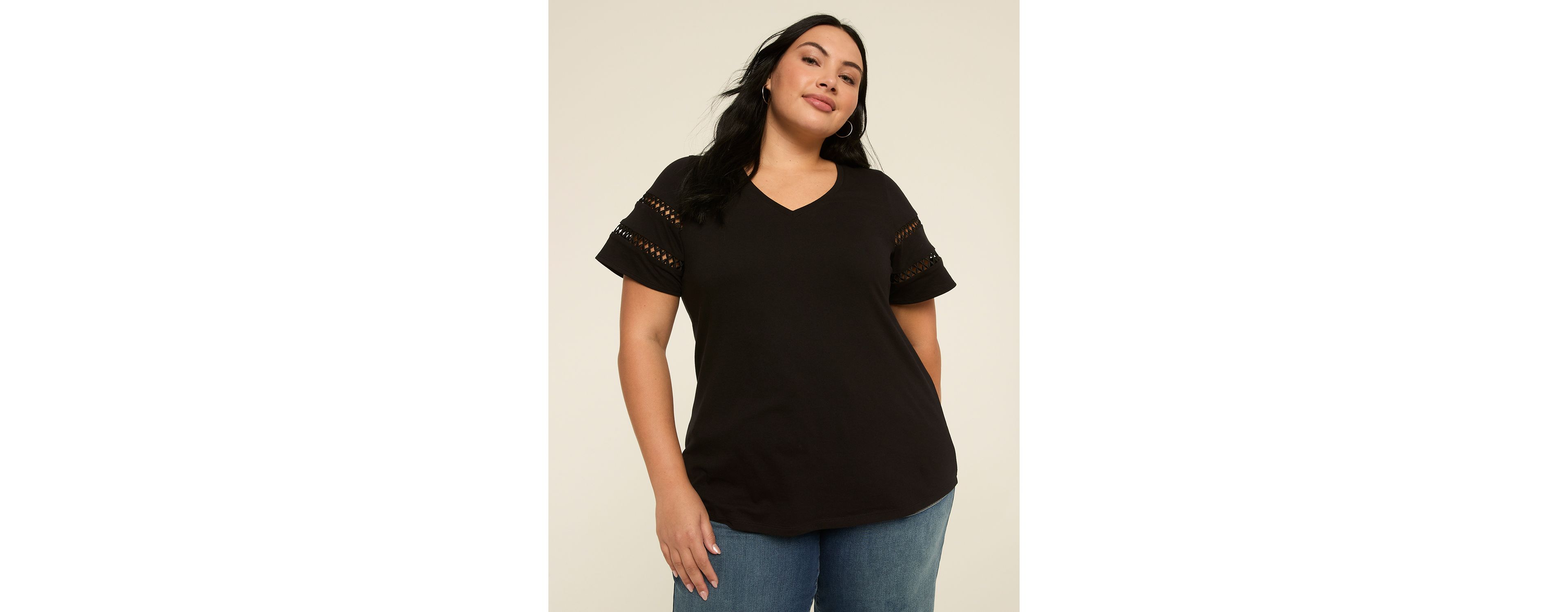 Short-Sleeve V-Neck Crochet Tee