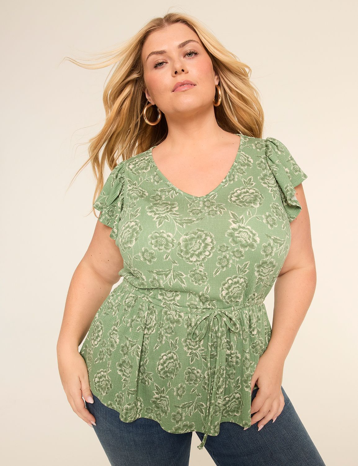 Short-Sleeve V-Neck Tie Waist Top