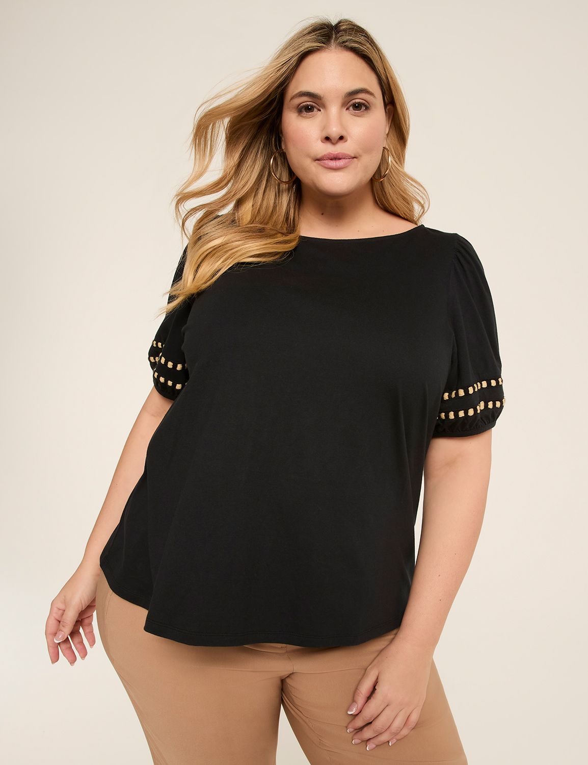 Woven Puff-Sleeve Boatneck Top