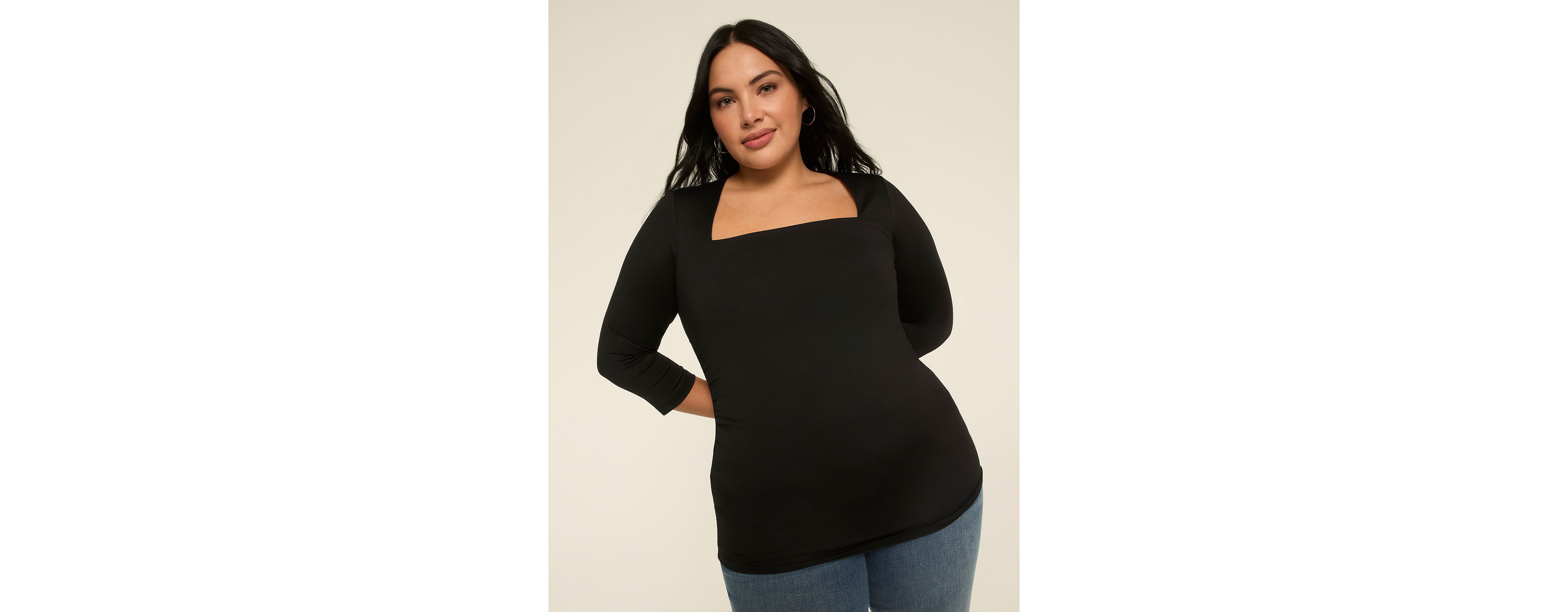 3/4-Sleeve Square-Neck Knit Top