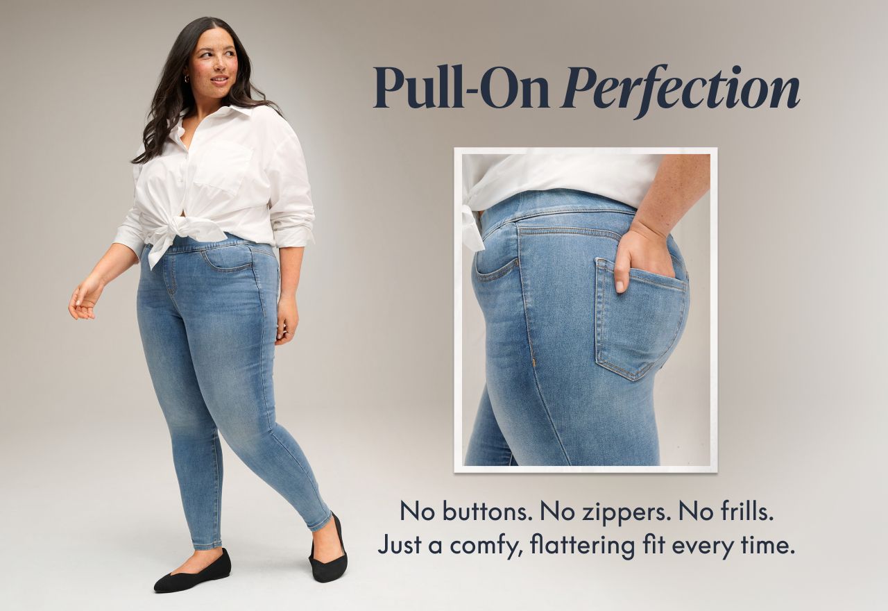 model in new pull on jeans
