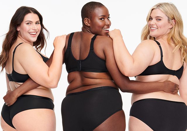 Photo of three models in well-fitting bras and panties