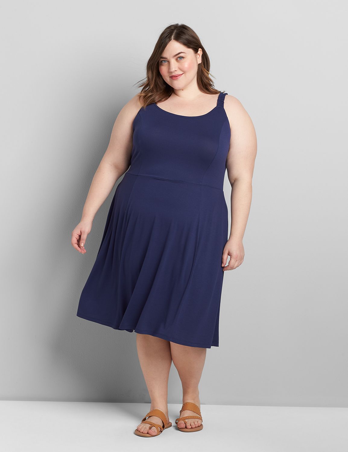 Sleeveless Ruffle Strap Fit And Flare Dress 1119976:PANTONE Medieval  Blue:18/20