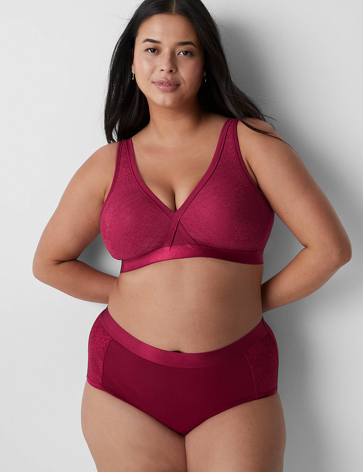 lane bryant cotton unlined no-wire bra with lace 48ddd beet red