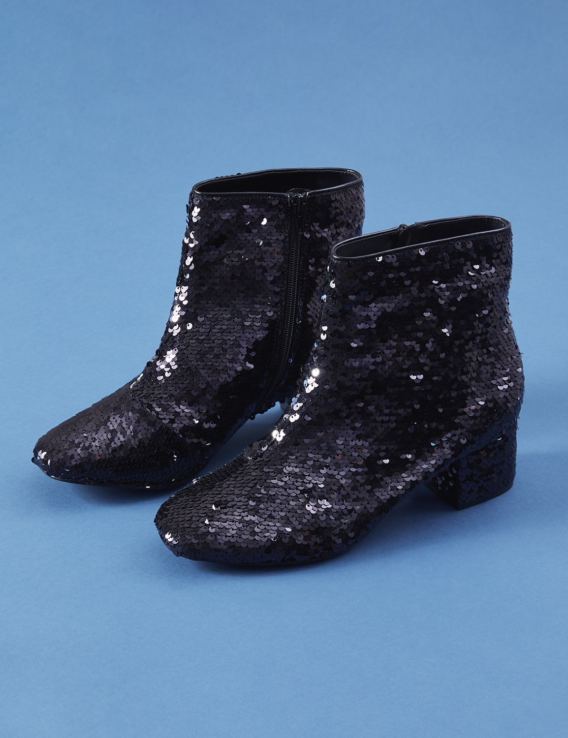 sequin block heel boots