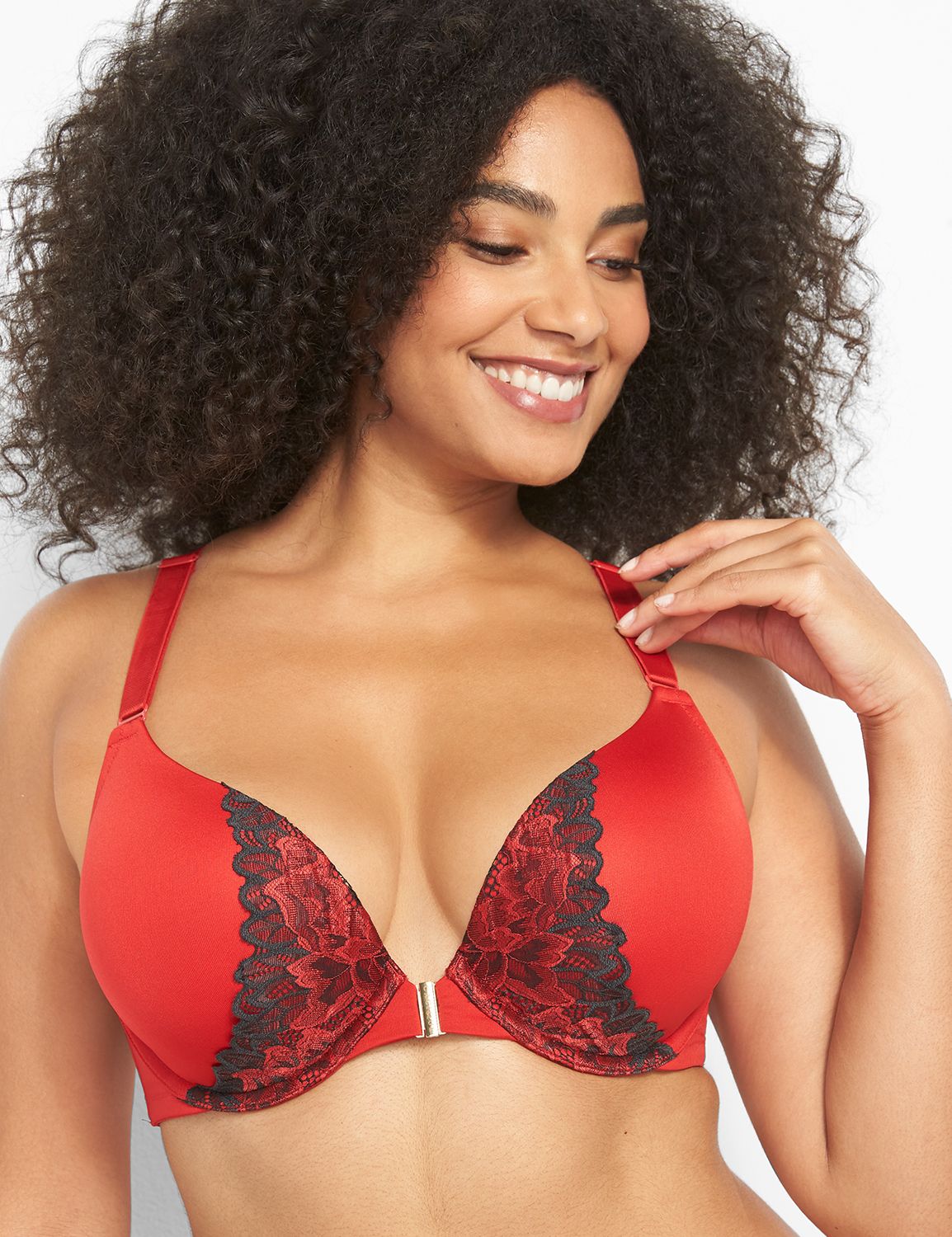 Smooth PU Plunge Front Close Layered Lace 1122828-S:PANTONE Haute Red:48D