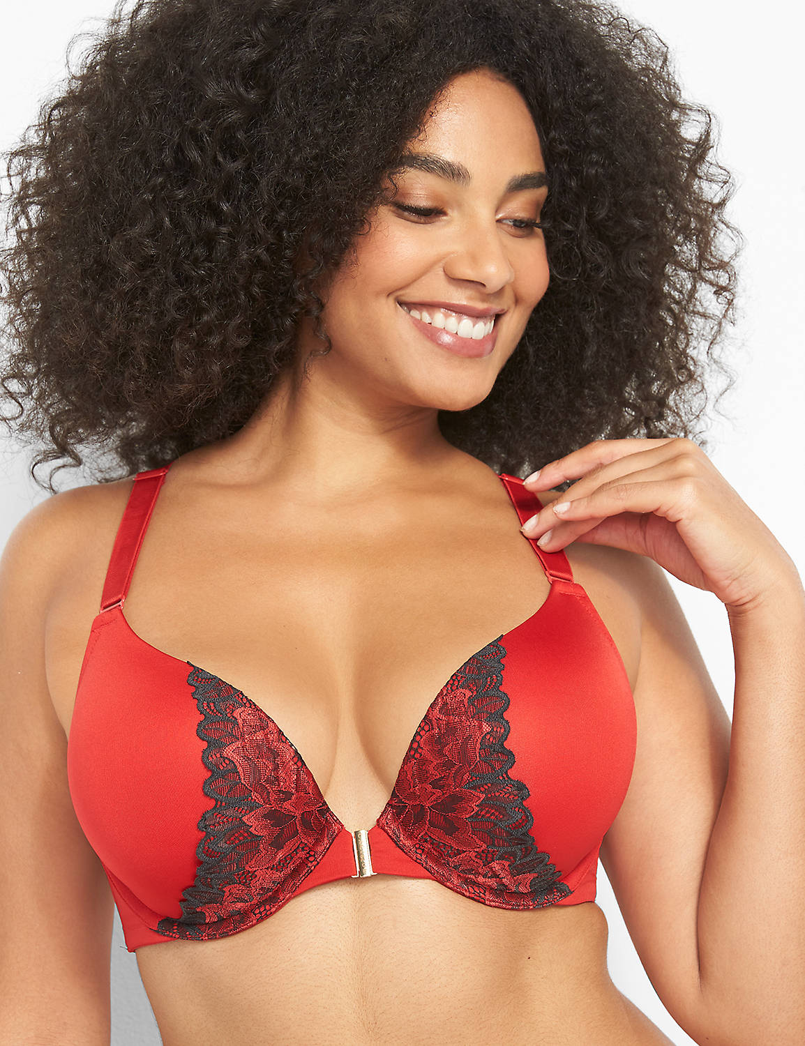 Smooth PU Plunge Front Close Layered Lace 1122828-S:PANTONE Haute Red:48C