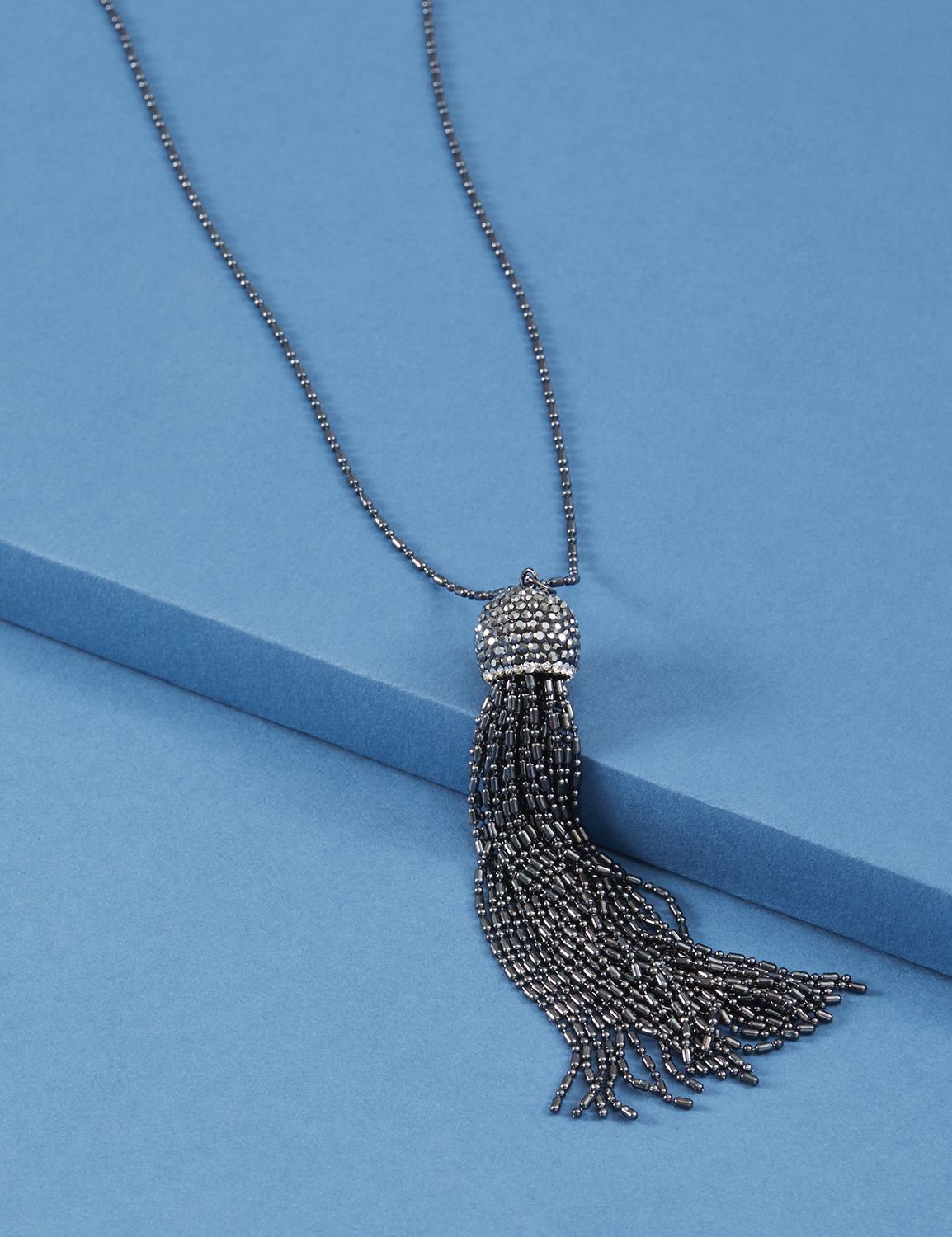 Long Hematite Fireball Tassel Necklace