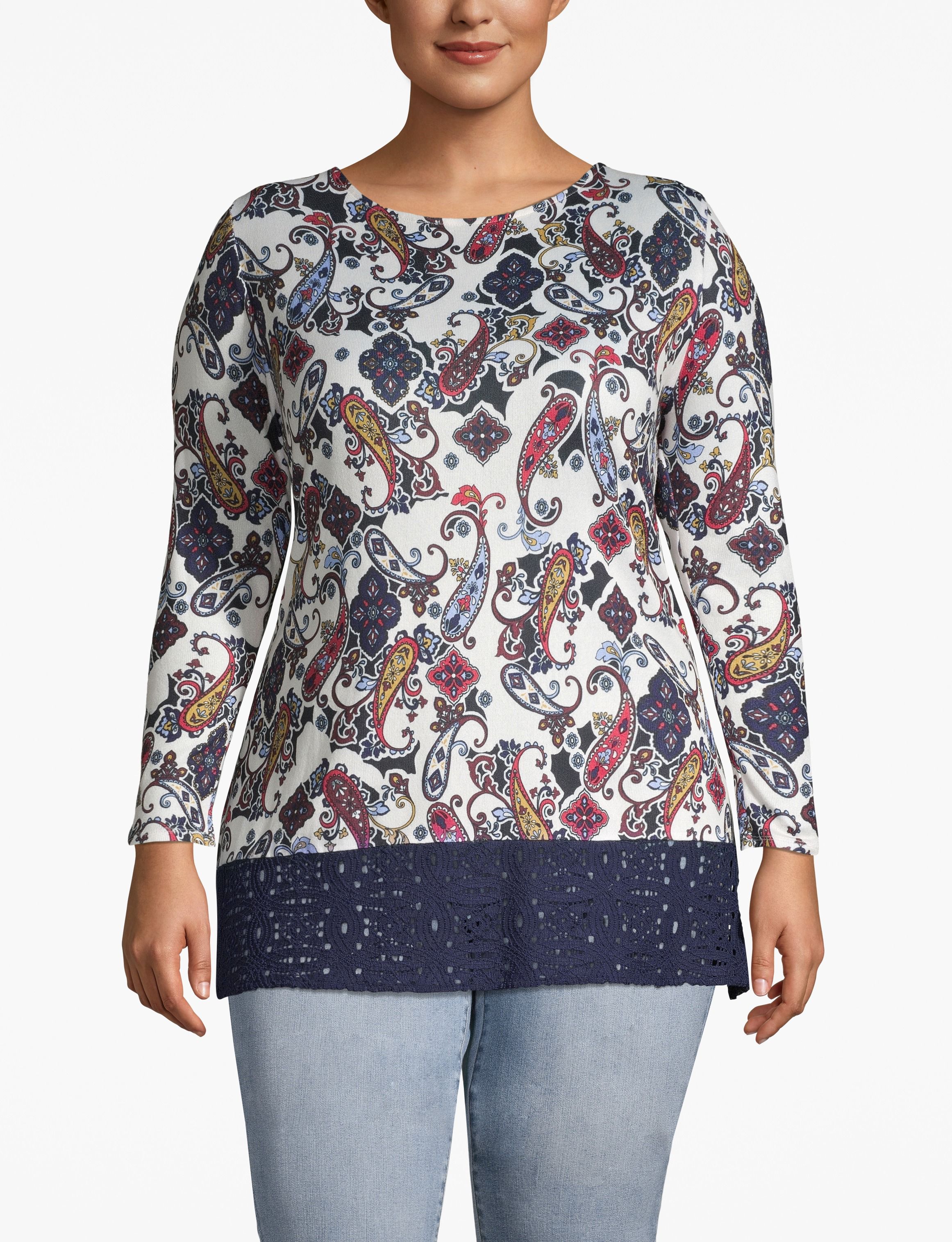 Cozy Touch Printed Crochet-Trim Top