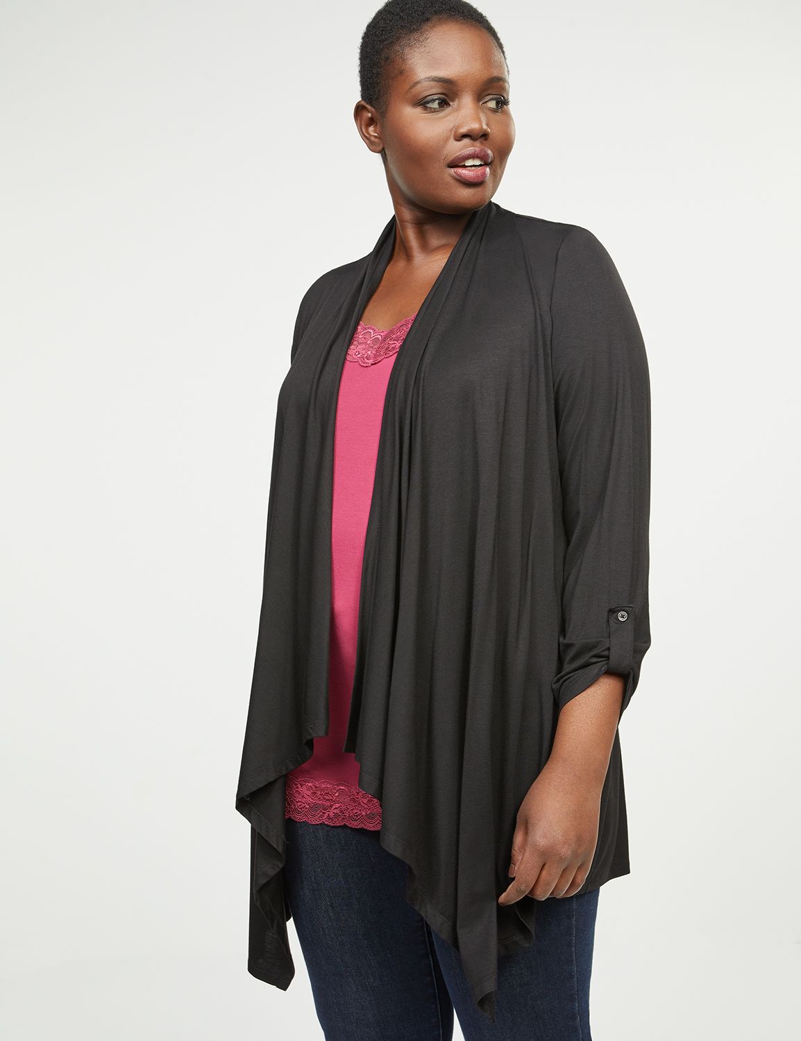 3/4 Sleeve Open Front Roll Tab Drapey Overpiece 1118258:Pitch Black LB 1000322:14/16 Product Image 1